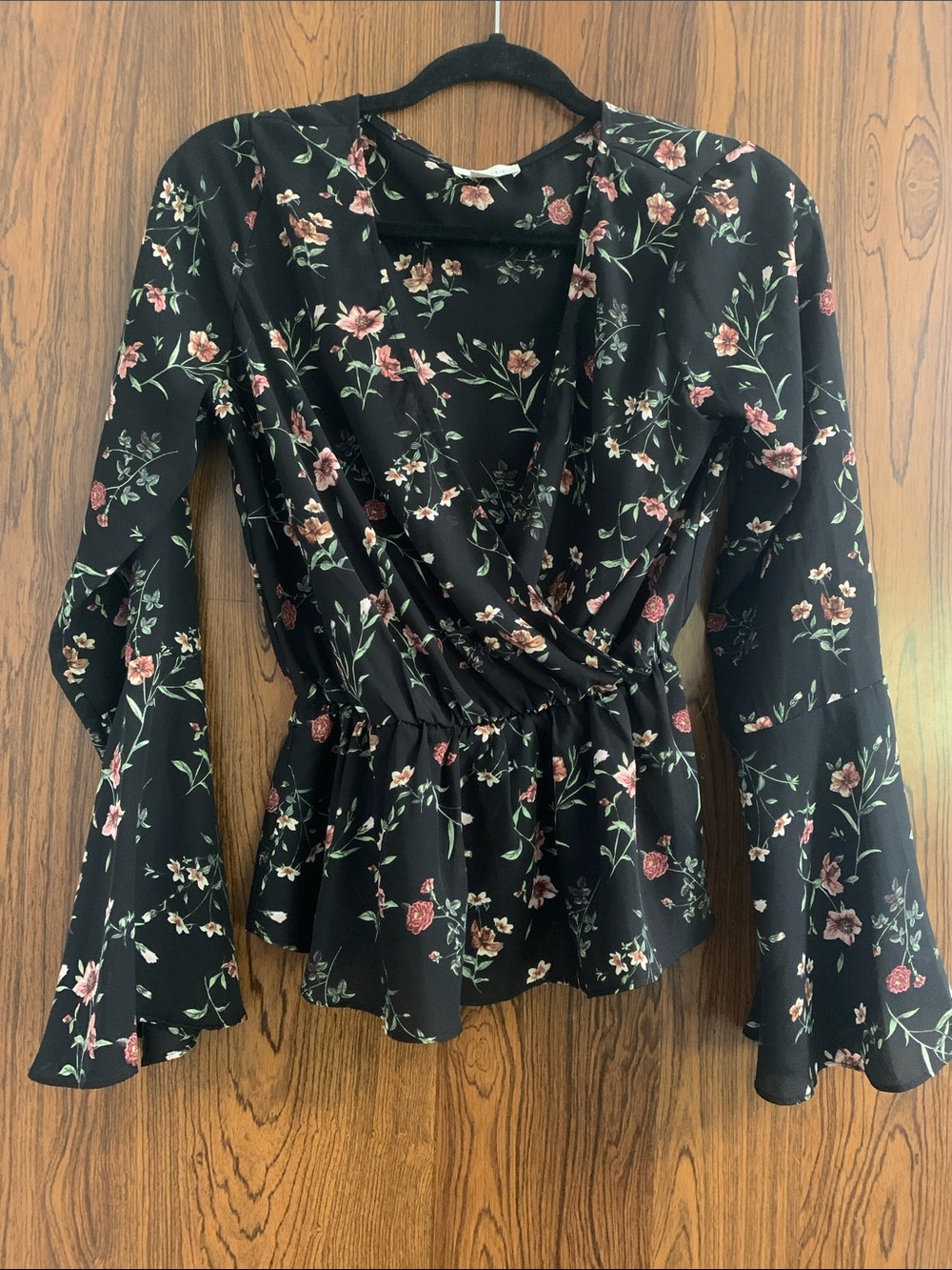 Everly Black Floral Wrap Peplum Blouse - Pink & Cream Flowers